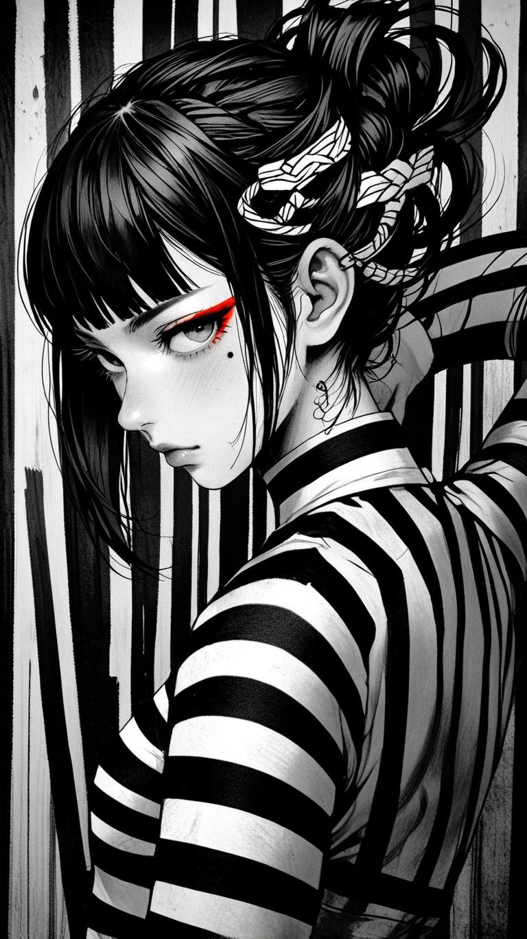 Striking manga-style painting of a woman with red and black stripes, bold contrast of stark black and white, intricate details in hair and clothing, inspired by the works of Akira Toriyama and Masashi Kishimoto.