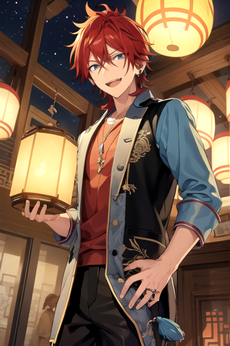 <lora:RinneAmagi:0.7> ,rinne, solo, looking at viewer, smile, short hair, open mouth, blue eyes, 1boy, holding, hair between eyes, jewelry, jacket, male focus, red hair, earrings, teeth, pants, necklace, chinese clothes, black pants, piercing, ring, bottle, tassel, lantern, paper lantern