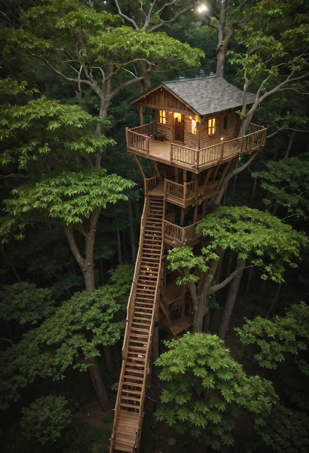 A tall wooden tower with a light on in the window, surrounded by a forest.