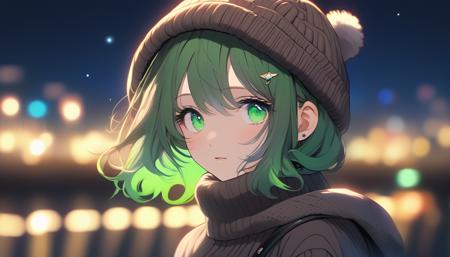 face focus, cute, masterpiece, best quality, 1girl, green hair, sweater, looking at viewer, upper body, beanie, outdoors, night, turtleneck