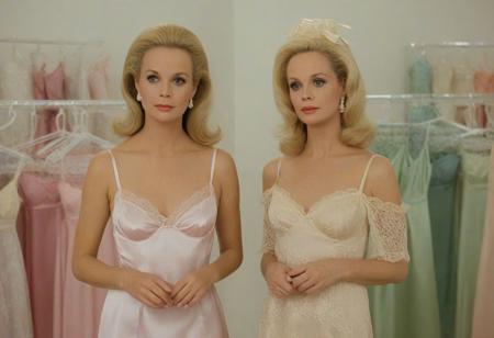 score_9, score_8_up, score_7_up, 1960s Tippi Hedren, pretty blond, slim, slender, wearing a pastel satin nightie with spaghetti straps and lace trim, blond, satin hair bow, standing in a lingerie store surrounded by pretty friends wearing pretty silk and satin slips and nighties and lingerie