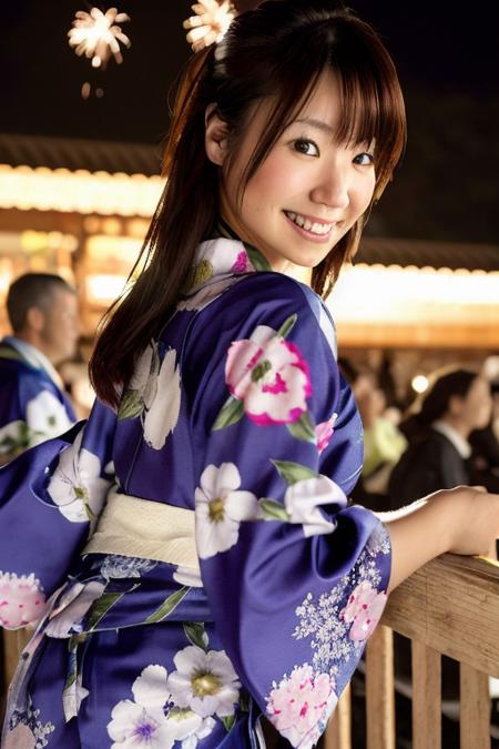 masterpiece, best quality, ultra high res, ultra detail, realistic, photorealistic, ultra realistic, professional lighting, depth of field, hikari, 1girl, solo, dynamic pose, dynamic angle, extreme detailed face, perfect face, smile:0.2, small breasts, skinny body, kimono, outdoor, crowd, firework, at night, on beach