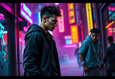 Create an image that captures the intensity and tension of a confrontational moment. Picture a dynamic scene with two characters facing off, set in a modern, urban environment. The background is filled with neon lights, casting a colorful yet moody glow on the characters. The main character, dressed in edgy, street-style clothing, is standing confidently with a determined expression, while the other character, slightly in the background, looks caught off guard. The energy is electric, with a sense of movement as if the scene is frozen mid-action. The overall color palette should be vibrant with strong contrasts, emphasizing the emotions of the confrontation.