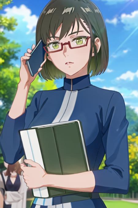 best quality, masterpiece, highres, solo, {shinjo_amane_birdiewinggolfgirlsstory:1.15}, glasses, short_hair, semi-rimless_eyewear, green_hair, green_eyes, under-rim_eyewear, red-framed_eyewear, book, cloud, day, holding, holding_book, outdoors, sky, blue_sky, 1girl, upper_body, brown_hair