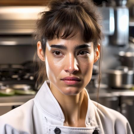 <lora:sofiaboutella_sdxl_lora_256_bf16_19:1> sofiaboutella a close up portrait photo of 26 y.o woman in serious chef's coat, hair updo, pale skin, slim body, background is busy kitchen, (high detailed skin:1.2), 8k uhd, dslr, soft lighting, high quality, film grain, Fujifilm XT3