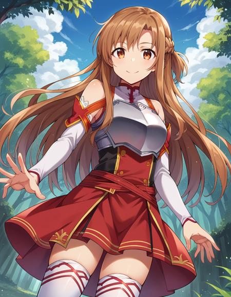 asuna yuuki, long hair, brown hair, brown eyes, skirt, thighhighs, bare shoulders, detached sleeves, armor, white thighhighs, breastplate, red skirt,