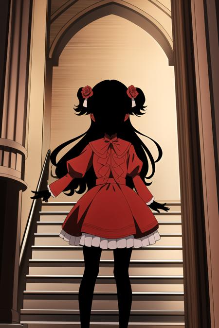 1girl, masterpice, high quality, high detailed, (solo), frilled dress, hair ribbon, ((black skin)), hair flower, black hair, long hair, red dress, kate, red sleeves, <lora:kate-08:0.7>, castle corridor, stairs, dynamic pose, ((black face))