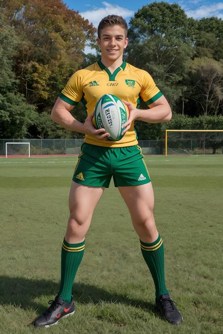 grass rugby field, ConnorPeters, smiling, wearing green and gold rugby uniform, green jersey with gold trim, green shorts, green socks, black sneakers, holding a rugby ball, (((full body portrait))), wide angle  <lora:ConnorPeters:0.8>