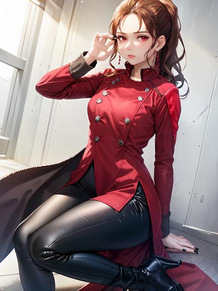 (extremely detailed CG), (best quality), 1girl, perfect face,shiny skin,narrow waist, wide hips   <lora:ReikaShindai-10:0.8> ReikaShindai, black pants,black nails,jacket,boots,red eyes,pants,long sleeves,red coat,brown hair,ponytail,coat,long hair,earrings, jewelry,blushed, serious,