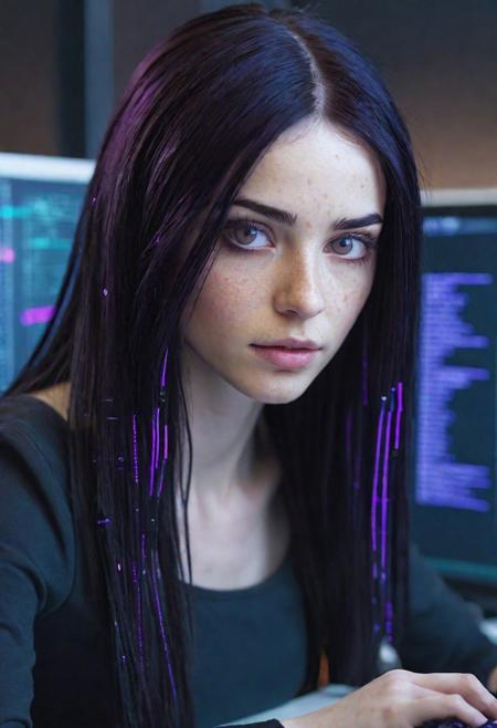 beautiful hacker woman with long black hair with purple highlights , pale skin, freckles,  big brown eyes, slim face, writing (computer code and doing experiments with electronics),  realistic office, hiperrealistic photo, epiCRealism