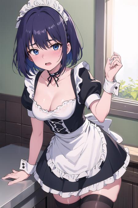 <lora:hoshizuki_kaede:1> hoshizuki kaede, 1girl, purple hair, solo, breasts, looking at viewer, blush, short hair, open mouth, blue eyes, thighhighs, dress, cleavage, medium breasts, short sleeves, frills, choker, puffy sleeves, black thighhighs, apron, puffy short sleeves, zettai ryouiki, wrist cuffs, maid, maid headdress, white apron, maid apron