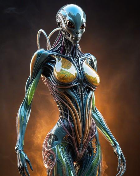 beautiful bioengineered alien creature with semi-transparent shiny skin, (detailed cybernetic implants fused with organic matter:0.5), (full body:1.8), sharp focus, (smoky background with intensely vibrant swirling colors:1.9), realistic photo, <lora:add-detail-xl:1.0>