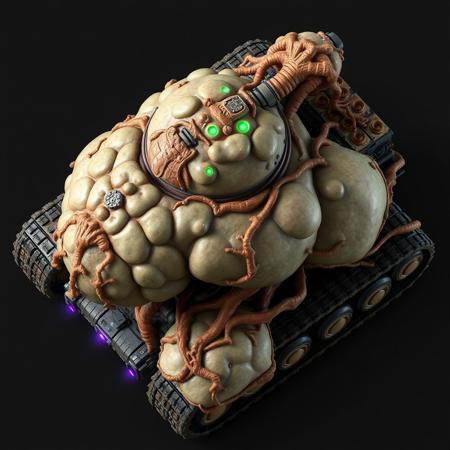 ((top view)), (tank),
Asymmetrical organic tank with massive growth bulges on one side and a withered shape on the other.
Chassis: Tumor-like armor patterns with tendrils and armored cysts. Surface ripples gently like breathing tissue.
Tracks: Thick, uneven track system with root-like armor entwining gear shafts.
Details: Regenerates armor chunks visibly. DNA-splicer node juts out near rear, framed in armor plates.
Lights: Sickly green and purple bio-glow from within bulges. Glows brighter when sustaining damage.
