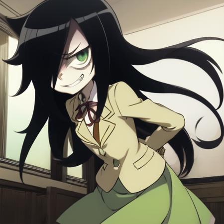 masterpiece, best quality, kuroki-tomoko, (skullgirls-48600:0.8), hair over one eye, green eyes, long hair, creepy, malicious grin, bags under eyes, yellow school uniform, long skirt, standing, classroom, dynamic pose, looking at viewer, mid shot, top shot,<lora:tomoko-kuroki-v2-2:0.9>