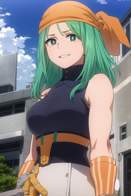 emifukukado, <lora:emi fukukado s3-lora-nochekaiser:1>,
emi fukukado, long hair, (green eyes:1.5), (bright pupils:1.5), green hair, smile,
BREAK skirt, shirt, gloves, bare shoulders, school uniform, white shirt, sleeveless, belt, bandana, orange gloves,
BREAK outdoors, city, sun, clouds, sky,
BREAK looking at viewer,
BREAK <lyco:GoodHands-beta2:1>, (masterpiece:1.2), best quality, high resolution, unity 8k wallpaper, (illustration:0.8), (beautiful detailed eyes:1.6), extremely detailed face, perfect lighting, extremely detailed CG, (perfect hands, perfect anatomy),