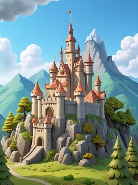 cute 3D illustration ,cute paxer art, In the background there is a wooded mountain with a small old castle with a tower on top., <lora:CartoonStyle_Hap_XL:1.6>,cartoon style,anime,masterpiece,UHD,perfection,perfect,detailed, <lora:add-detail-xl:0.01> ,<lora:hand 4:0.00001> ,<lora:OverallDetailXL:0.0001>, <lora:detailed_notrigger:0.0001> ,<lora:xl_more_art-full_v1:0.01>, <lora:XDetail_light:0.00001> ,<lora:perfection style:0.00001>, <lora:age:0.00001>,
