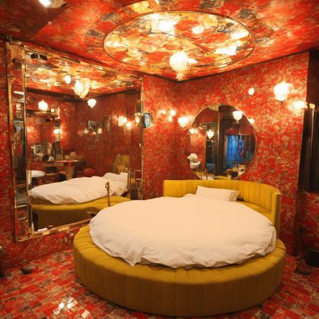 retro_lovehotel, scenery, japan, indoors, pillow, lamp, still life, ceiling light, 