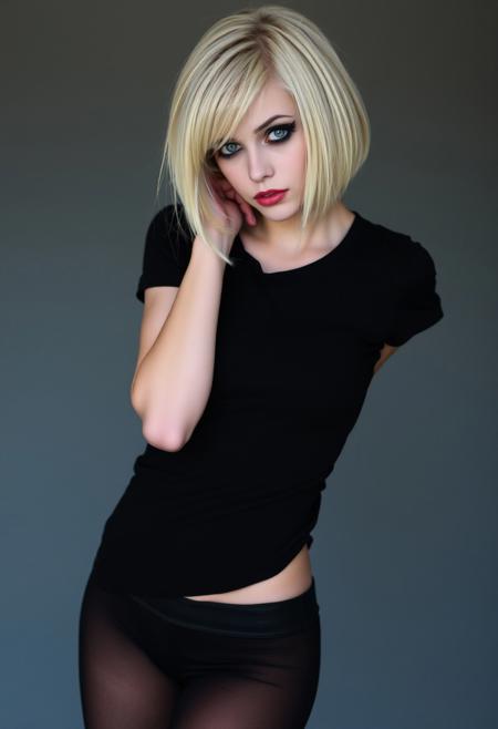 woman, blonde bobcut hair, parted half hair, green and blue eyes, eyeliner, gothic, wearing black t-shirt and black hotpants, black pantyhose, slender body, long legs,