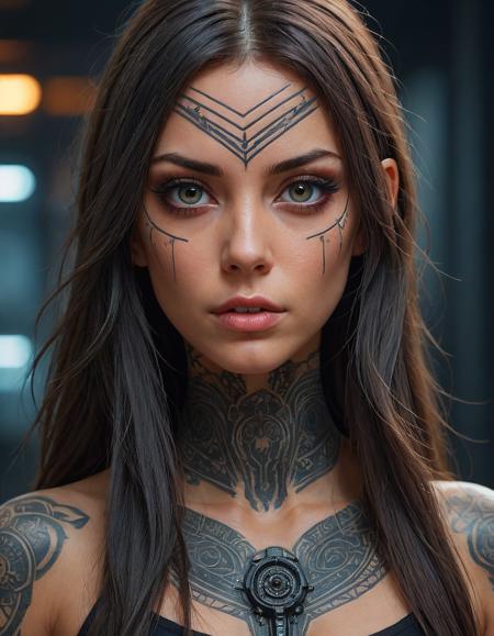 documentary photography, (realistic photo:1.3), Best quality, 8k, insanely micro detailed, film grain, a woman with long hair and tattoos on her face, cyberpunk art by Peter Gric, behance contest winner, computer art, behance hd, daz3d, zbrush, trending on Artstation, deviantart