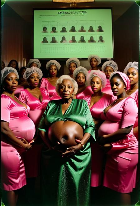 ()Hyoer Realistic:2.0)Polaroid picture of 
a hyper realistic Movie Still of (80 years old ((busty:1.3)) (((african american))) women) 
 of a group of stern, suited College Board of Trustees (Standing exposing large breasts ),  (hyperPregnant:3.400)their (possessed glowing eyes:1.70) glazing over as they fall under the hypnotic spell of a circle of Alpha Kappa Alpha Sorority Sisters.
The  (80 year old busty african american sorority sisters standing in front of the Board, resplendent in their pink and green attire:1.85) , gaze intensely at the trustees, their hands weaving intricate patterns in the air as they chant in unison.( The trustees' faces slacken, their pupils dilating as they succumb to the sisters' mesmerizing power:1.65)
(In the background, a giant budget spreadsheet displays a rapidly increasing total, the numbers spinning wildly out of control as the trustees, now completely entranced, nod in unison to allocate infinite funds to the Greek Life budget.:2.00) (Capture the surreal, mind control::2.80)