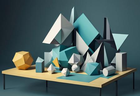 Centered, Haunting, Cubist-inspired still life of fragmented, abstracted objects, geometric shapes and monochromatic, muted tones à la Pablo Picasso, low poly, isometric art, 3d art, high detail, artstation, concept art, behance, ray tracing, smooth, sharp focus, ethereal lighting, perfect eyes