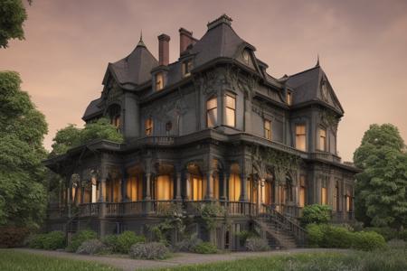 dvArchVictorian style, epic overgrown, victorian house, landscape architecture render, rubble, photo realistic, orante, super detailed, intricate, dramatic, sunset lighting, shadows,