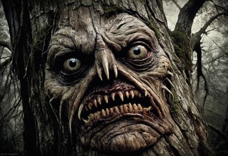 Horror-themed cinematic film still a talking oak tree, a face in the bark, nose made of wood, eyes in the bark, mouth in the bark, horror concept art, scary, sharp teeth, digital painting, oil painting, hyperrealistic, treebeard, ent, highly detailed, moonlight, very detailed eyes, artstation, cgsociety, in the forest, by alan lee, by artgerm high budget, bokeh, cinemascope, moody, epic, gorgeous, film grain, grainy . Eerie, unsettling, dark, spooky, suspenseful, grim, highly detailed