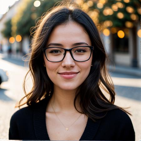 instagram photo, woman 23 y.o Chloe in black sweater, cleavage, pale skin, (smile:0.4), hard shadows, glasses, showing skin, soft symmetric facial features, Tilt-shift, street scene in a french  city, Montpellier,  landscape, stunning sunset, sharp focus, stunning lights, photorealistic, cinematic lightning, shot on sony a1, 85mm F/1. 4 ISO 100, medium format, 45 megapixel, flash lighting, natural sun lighting