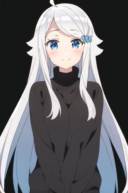 masterpiece, best quality,1girl,solo, kani nayuta,sliver hair,long hair,ahoge,hair ornament,blue eyes,black sweater,long sleeves,white socks,<lora:kaninayuta:0.8>, standing, upper body, white background, 