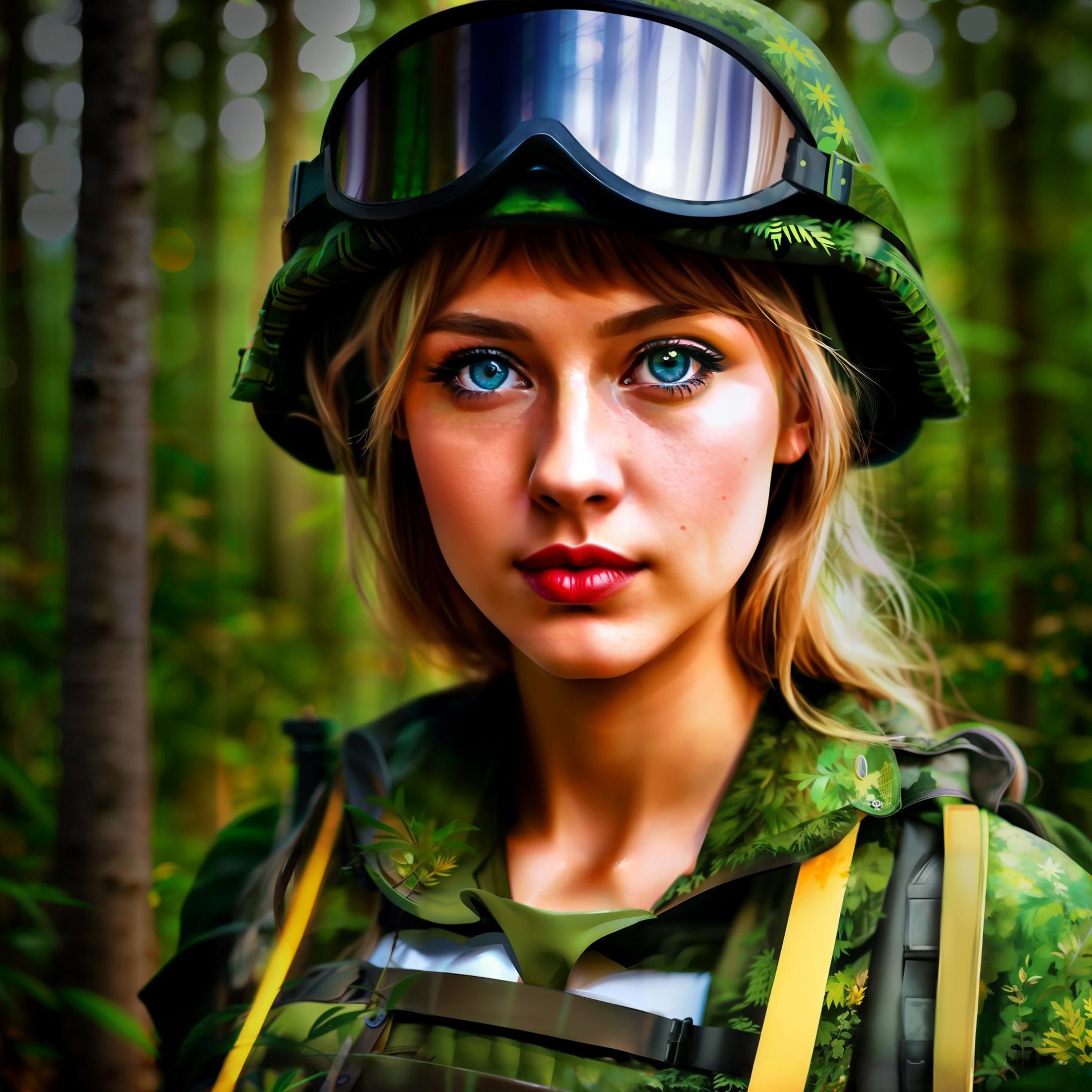 A young woman wearing a military uniform and camouflage hat.