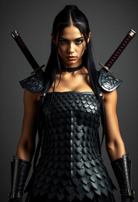 Symmetrical front view of Sevdaliza, beautiful, erotic pose, scale armour, He carries two katanas crossed on his back held by straps, masterful photography studio