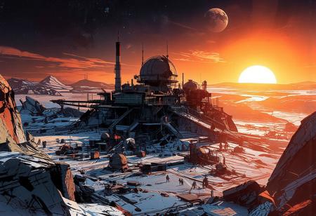 Aerial view, looking down upon a massive lunar crater. A scientific research station, almost a futuristic city, stands in the middle of this vast lunar basin. Large boulders and small rocky spurs are scattered throughout the landscape.
The station’s architecture is sleek and harmonious, made of glass and steel. A grand building with a colossal astronomical observatory dome dominates the other structures. Multiple platforms host residential and research facilities, with scattered lights, intricate staircases, and numerous antennas. The city is surrounded by an immense expanse of frozen rock, with the crater’s edge forming a colossal belt around the lunar habitation structures.
Several smaller research domes, pipelines, conduits, and massive extraction machines fill the foreground, where activity is bustling across the plain. An astroport is situated behind the station. The sky is intensely illuminated as the sun begins to set, casting an orange and bluish glow over the frozen city. The air is frigid, with ice crystals drifting in the wind, lifting snow and dust just above the ground. In the vastness of space, Earth can be seen setting on the horizon.