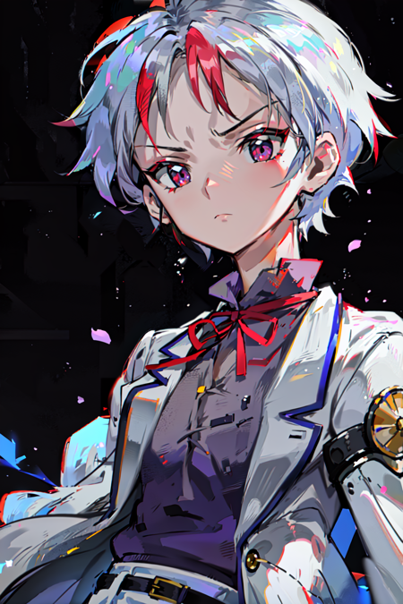 <lora:Towa_Yashahime-10:1> (masterpiece, best quality, ultra-detailed, highres, best illustration), perfect face, side lighting, lustrous skin,(bloom), (shine), lighting, ray tracing, anime,solo, shirt, streaked hair, neck ribbon, red ribbon, multicolored hair, jacket, ribbon, belt, 1girl, blue background, short hair, pants, red eyes, looking at viewer, closed mouth, long sleeves, grey hair, open clothes, red hair, bangs, v-shaped eyebrows, purple shirt, white hair, open jacket, black shirt, upper body, white jacket, frown, school uniform, collared shirt, depth_of_field, very detailed background,Dynamic angle, solo, extreme light and shadow,(detailed eyes), (extremely detailed illustrated 8k wallpaper),vivid colors,