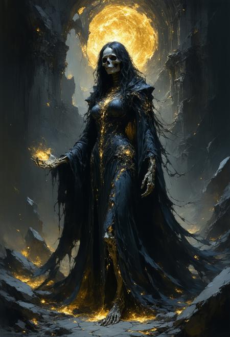 An alluring necromancer commands a soul-rending ritual in a cathedral of shattered obsidian, low-angle perspective amplifying her towering presence amid floating bone shards. Gold-and-black Art Nouveau filigree robes cling to her form, her porcelain-pale face framed by cascading raven hair, eyes blazing with violet necrotic fire—living yet inhumanly perfect. Influenced by Brom’s dark fantasy dynamism and Klimt’s gilded opulence: spectral amber backlighting carves jagged shadows, casting her as both deity and destroyer. Swirling void-smoke merges with glowing crimson runes above her palms. Molten gold bleeds into cracks beneath her feet; a skeletal hand offers a wilted rose at her boots. Hyper-detailed textures: alabaster skin traced with luminous necrotic veins, tarnished silver embroidery, iridescent ectoplasmic mist. Chiaroscuro intensifies opulent decay.