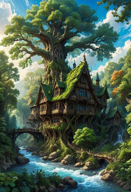 a rustic wizards house set on the banks of a fast flowing  river, deep within a vibrant forest of oak trees whose ancient branches twist and stretch toward each other, forming a majestic canopy. The sky is a brilliant blue with soft, scattered clouds, and beams of sunlight stream through the leaves, the tall, gothic style wooden house with a mossy roof rests quietly among the trees, blending seamlessly with the environment. ink art, line art