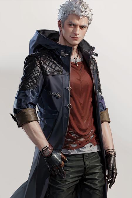 (masterpiece, best quality:1.2), <lora:dmc_nero-10:1>, cowboy shot, solo, male focus, 1boy, nero \(dmc5\), smile, closed mouth, looking at viewer, coat, hood, pants, (gloves:1.1)