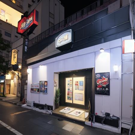 fukuhara, storefront, scenery, building, outdoors, road, street, power lines, motor vehicle, car, utility pole, day, city, sky, sign, real world location, lamppost