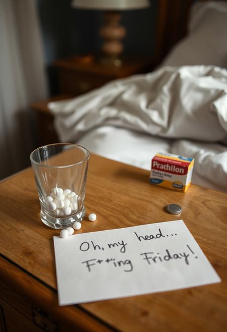 Masterpiece, best quality, 
There is a glass with aspirin and box of aspirin on the table near bed, next to which lies a postcard with the inscription "Oh, my head... F***ng Friday!"