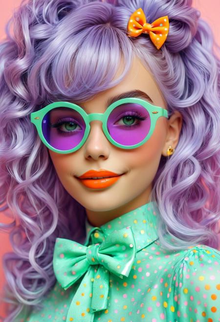 A photograph captures Lila, a vivacious and playful character with an attention-grabbing, colorful style. Her locks are dyed in a mesmerizing mix of pastel hues, including lavender and mint green, arranged into adorable space buns on her head and soft curls framing her face. Lila's makeup is striking yet alluring, featuring coral orange lips that complement her pastel hair magnificently. She dons oversized round sunglasses, featuring a vibrant mint green frame and mirrored lenses, which reflect her quirky and self-assured personality.
Her attire consists of a lavender polka-dotted blouse, accentuated by a cheerful yellow bowtie that lends a whimsical, retro flair to her appearance. The backdrop is a soothing pastel pink, emphasizing her vibrant attire and hair color, while maintaining an overall harmonious, colorful atmosphere.
Lila's exuberant smile and self-confident pose, coupled with her bold fashion choices, exude a charming, eccentric aura that makes her the epitome of