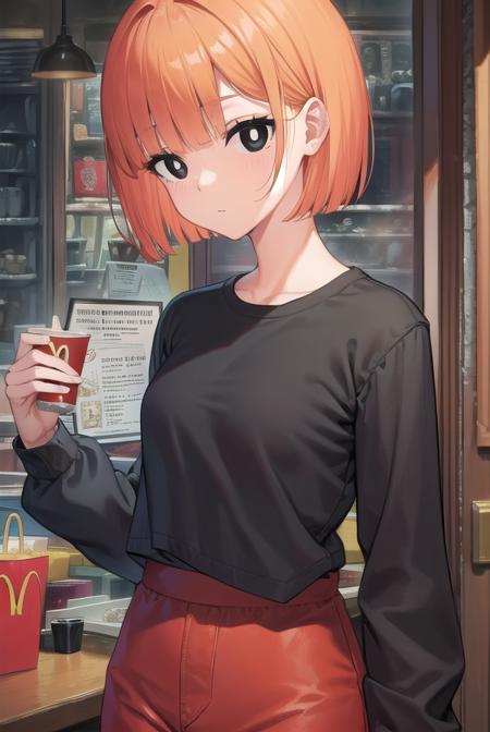 yoru mac, short hair, bangs, (black eyes:1.5), blunt bangs, orange hair, bob cut, smile, (bright pupils:1.5), shirt, long sleeves, pants, sweater, grey pants,