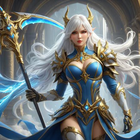 an realistic image of a female fantasy game character, ling white hair, wielding gold and blue Scythe, wearing gold and blue armor and, heaven in background, digital art, HD, masterpiece, best quality, hyper detailed, ultra detailed,