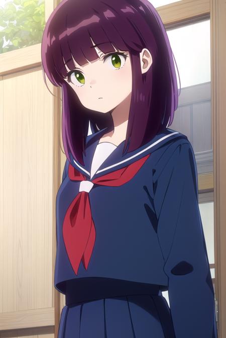 shinobumiyake, <lora:shinobu miyake s1-lora-nochekaiser:1>,
shinobu miyake, long hair, bangs, purple hair, (green eyes:1.5),
BREAK shirt, long sleeves, school uniform, serafuku, sailor collar, neckerchief, red neckerchief, shirt, blue shirt, blue sailor collar, blue skirt,
BREAK indoors, classroom,
BREAK looking at viewer, (cowboy shot:1.5),
BREAK <lyco:GoodHands-beta2:1>, (masterpiece:1.2), best quality, high resolution, unity 8k wallpaper, (illustration:0.8), (beautiful detailed eyes:1.6), extremely detailed face, perfect lighting, extremely detailed CG, (perfect hands, perfect anatomy),