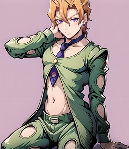 fugo,  1boy,  tie,  purple eyes,  cute,  green suit,  clothing cutout,  solo,  navel,  simple background,  nomura tetsuya,  blonde hair,  thin waist,  stud earrings,  young,  teen,  blushing,  pose, War of the Visions,<lora:EMS-247136-EMS:0.900000>,<lora:EMS-47574-EMS:0.800000>