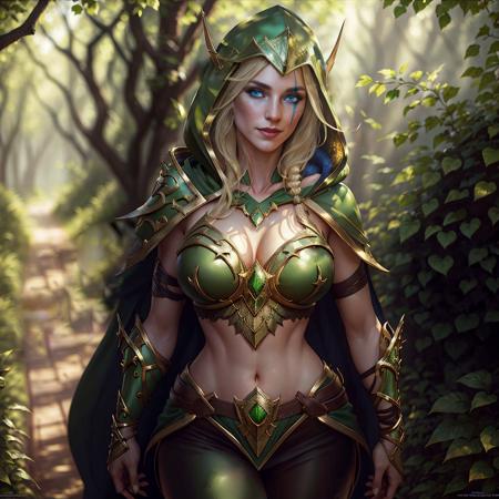 <lora:AlleriaWindrunner:0.5>, <lora:sxz-night-elf-v3:0.5>,
masterpiece, hyper detailed, intricate detail, ultra realistic 8k cg, hyperrealistic, high-resolution, extremely detailed CG unity 8k wallpaper,
1 elvaan,solo,(full body), (((looking at viewer))),dynamic pose, 
((messy hair)), blond hair,handsome face,(blue eyes),long eyelashes, pointy ears,perfect female body,narrow waist,big breasts,seductive smile,parted lips,
(green hood),(green cape),((fine metal trim)),brown leather pants,Suture,
(detailed forest background),outdoors, volumetric lighting, photorealistic, cinematic lighting, soft colors, realism, Surrealism, high detail, Hyperrealism, Verism, soft lighting, anatomically correct, best quality, best quality,