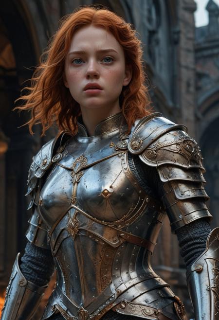 High resolution ultra-realistic of Beautiful Warrior Sadie Sink as Joan of Arc, 8k, capturing the intensity of the moment, cinematic lighting, standing on a bloody and stormy battlefield in bloody battle, wavy red hair, realistic dirty pale face, realistic blue eyes,  beautiful hourglass figure, burning in a medieval Town, intricately designed iron and silver armor, Dark Ages Aesthetic, perfect athletic figure, beautiful Warrior Joan of Arc, fire, ultra realistic, cinematic style, vigorous and seductive, athletic figure, dark fantasy, dramatic lighting, wet and sweaty skin, dirty skin, athletic figure, dark fantasy, dramatic lighting, Greg Rutkowski style,, Warrior Joan of Arc on in iron armor, hyper-detailed, hyper-realistic, bright colours, Attractive 21 old years girl, Attractive, beautiful firm Breasts, sharp focus, digital painting, Photograph Taken on Nikon D750, Alphonse Mucha, 8K, athletic figure, Hyperdetailed, hyperrealism, Attractive, Attractive bust girl, asymmetric balance