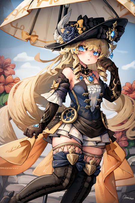 masterpiece, best quality, <lora:style20:1>,chibi,
<lora:navia:1>,1girl, blonde hair, solo, hat, blue eyes, long hair, gloves, drill hair, dress, thighhighs,black gloves, black headwear, thigh boots, bangs, elbow gloves, bare shoulders, parasol, boots, jewelry, flower, twin drills,