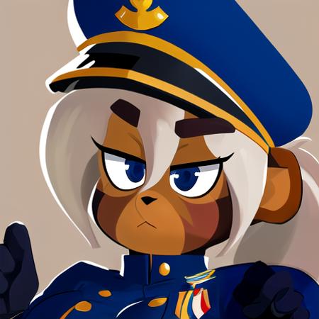 Masterpiece, highest Quality, Highest Resolution, anime style, perfect lighting, detailed hands, detailed background, 1girl, solo, Admiral Brickell, blue eyes, furry female, fur body, body fur, dark facial mark, monkey tail, white hair, tan, blue hat, ponytail, blue military uniform, dark skinned female, peaked cap, gloves, medium breasts,