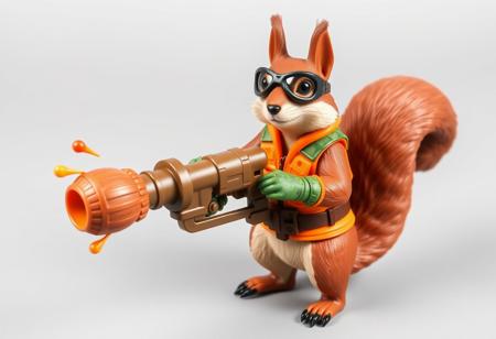 1990s-style action figure toy of an anthropomorphic squirrel dressed as a forest-themed nut defender superhero. The squirrel wears an orange utility vest, forest camo gloves, and goggles, holding a walnut-shell cannon that fires acorn projectiles and confetti nutrient bursts. Stylized accessories mini pumpkin grenades, and a belt of seeds. Bright colors, nostalgic aesthetic, detailed toy design, whimsical and heroic style, bold comic-book shading. Clean background. (No text). Birds-Eye view, Isometric angle. 4:5 aspect ratio --v 5 --style 90s --ar 4:5