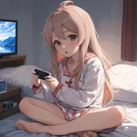 digital art, (masterpiece), (best quality), A detailed and cinematic wallpaper, a girl Oyama Mahiro wearing pajama sitting on bed playing nintendo, long hair  <lora:mahiro_xl-000010:1>