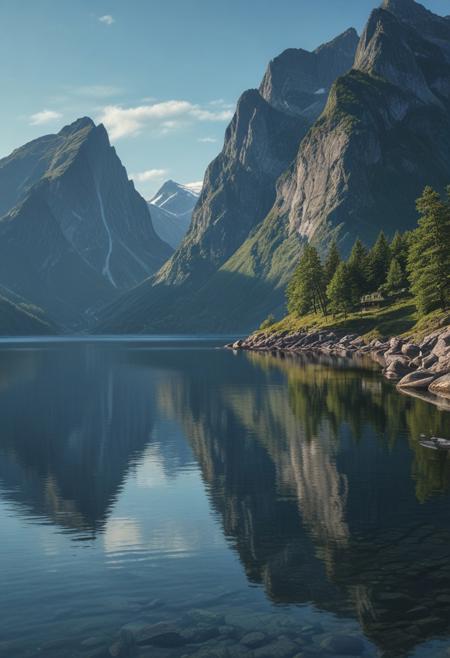 masterpiece, photorealistic, scandinavia, fjords, water, mountains, blue sky, serene, peaceful, uninhabited